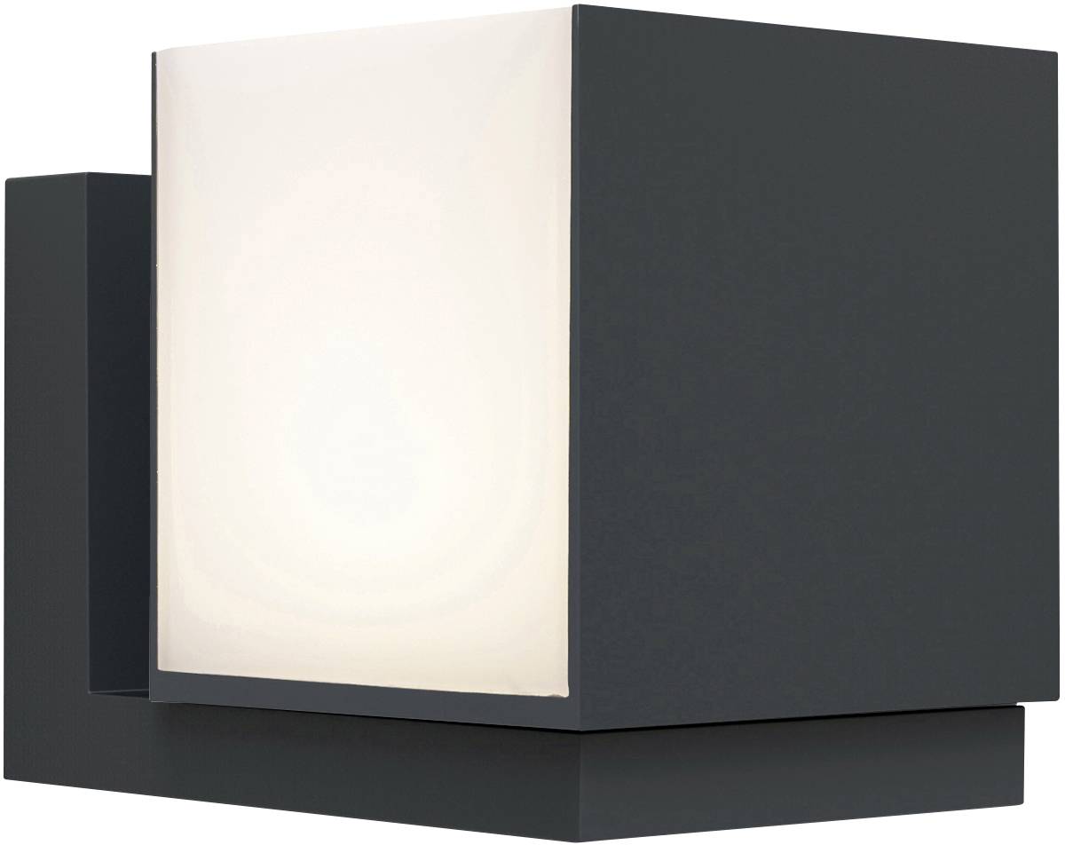 Applique murale noire, cubique, avec un verre mat lumineux sur la façade. Design moderne, adaptée aux espaces intérieurs.