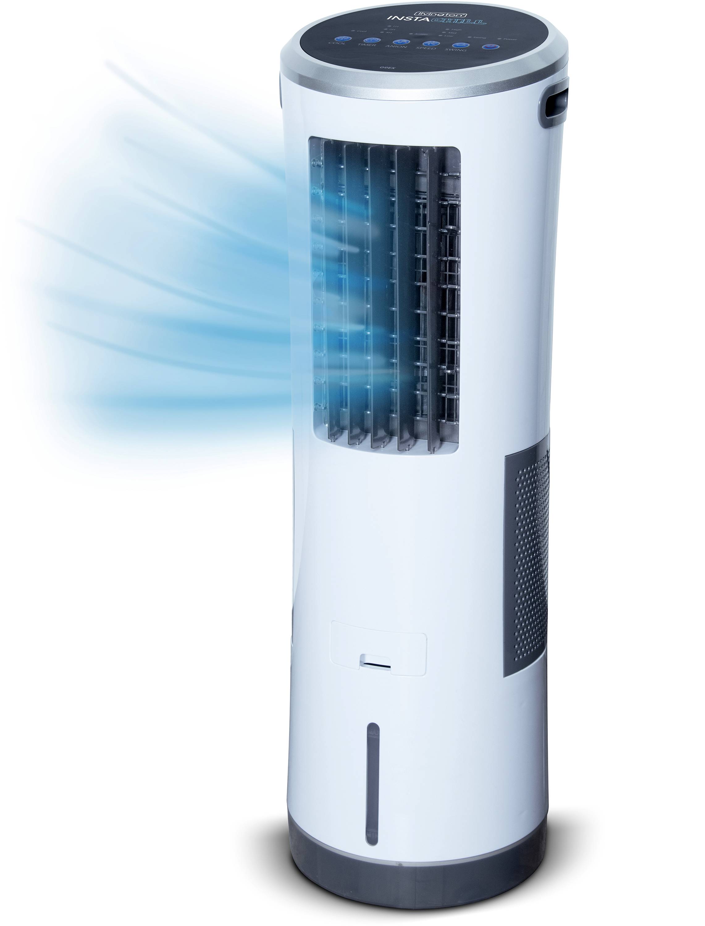 Un climatiseur portable blanc souffle de l'air frais. Il présente un design élégant avec des commandes situées sur le dessus.