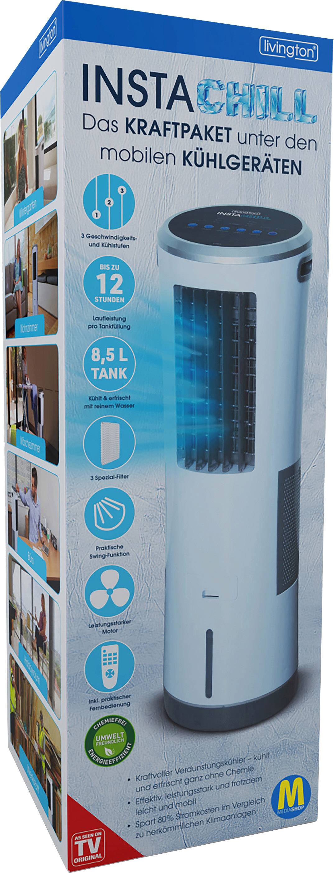 Emballage du climatiseur 'Insta Chill' présentant un appareil bleu et blanc avec un réservoir de 8,5 litres, adapté aux espaces allant jusqu'à 12 mètres carrés.