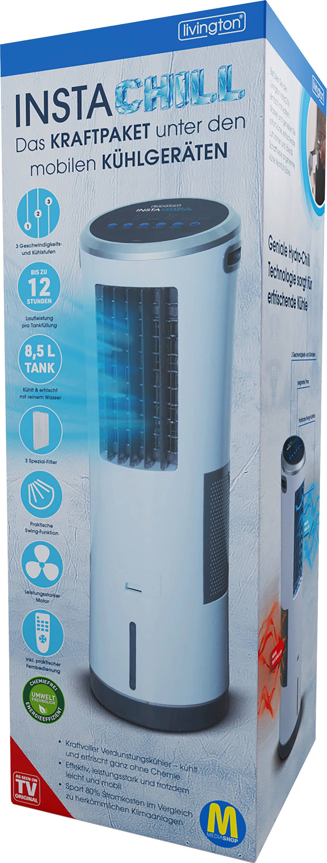 « InstaChill, le petit monstre des appareils de refroidissement portables », présente un appareil de refroidissement blanc, avec une autonomie de 12 heures et un réservoir de 8,5 L.