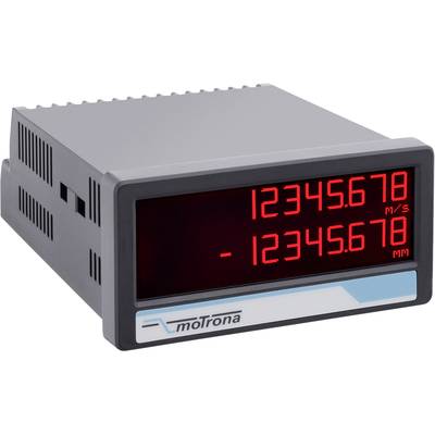 Indicateur numérique avec affichage LED rouge montrant deux valeurs de mesure : '12345,678 M/s' et '-12345,678 MM'. Boîtier gris, marque moTrona.