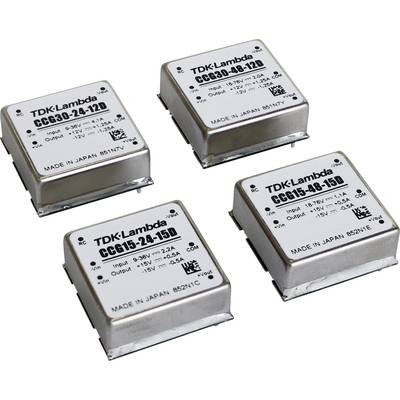 Quatre modules électroniques de TDK-Lambda, chacun portant une étiquette indiquant des spécifications telles que la tension d'entrée, le courant de sortie et le numéro de modèle.