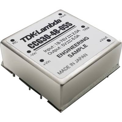 Un module convertisseur de tension TDK-Lambda portant l'inscription 'CCG30-48-05S, Entrée : 18-76V, Sortie : 5V, 6,0A, Échantillon technique, Fabriqué au Japon'.