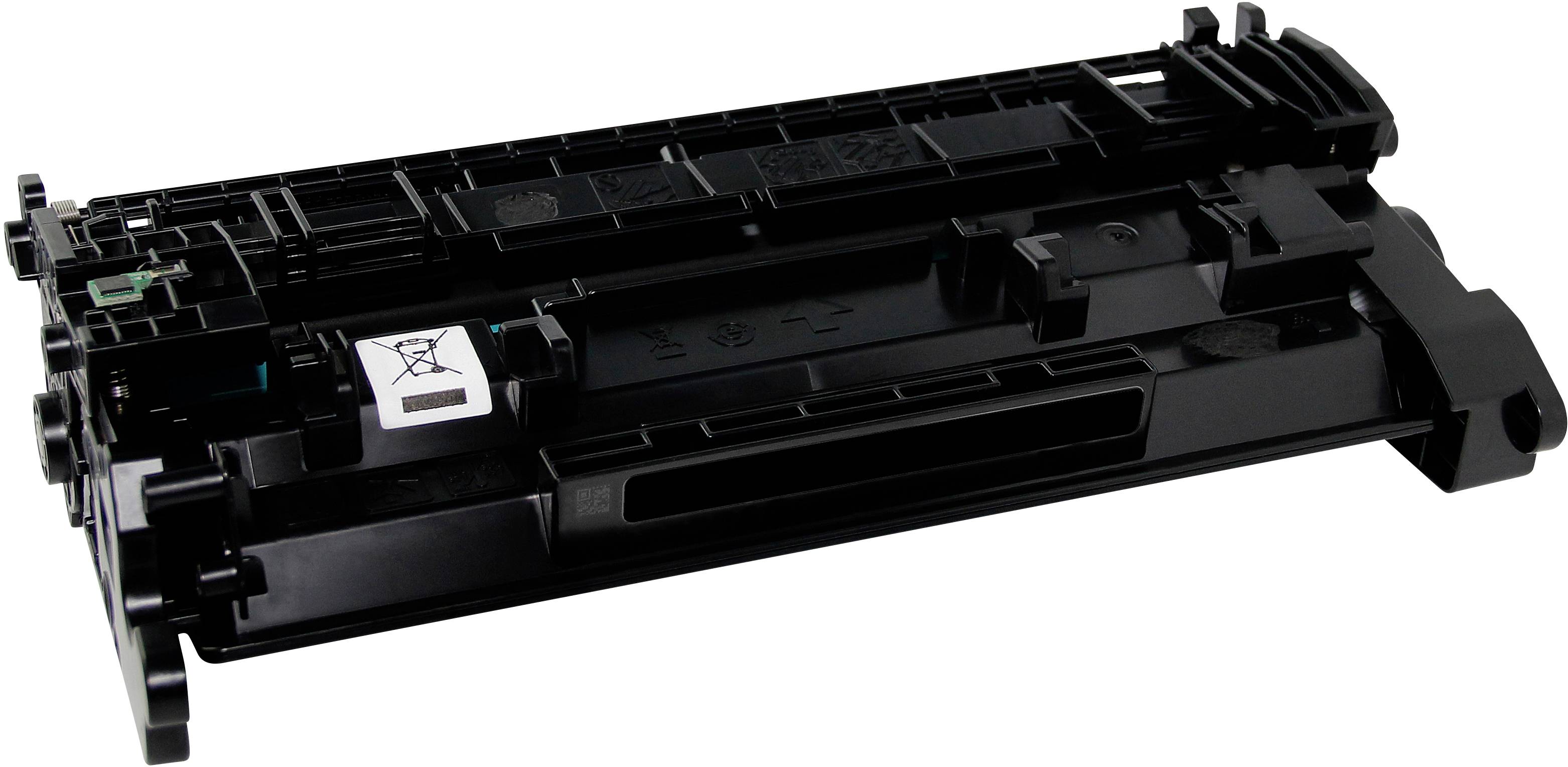 Une cartouche de toner noir pour imprimante laser, présentant un boîtier rectangulaire en plastique avec une poignée et plusieurs encoches.