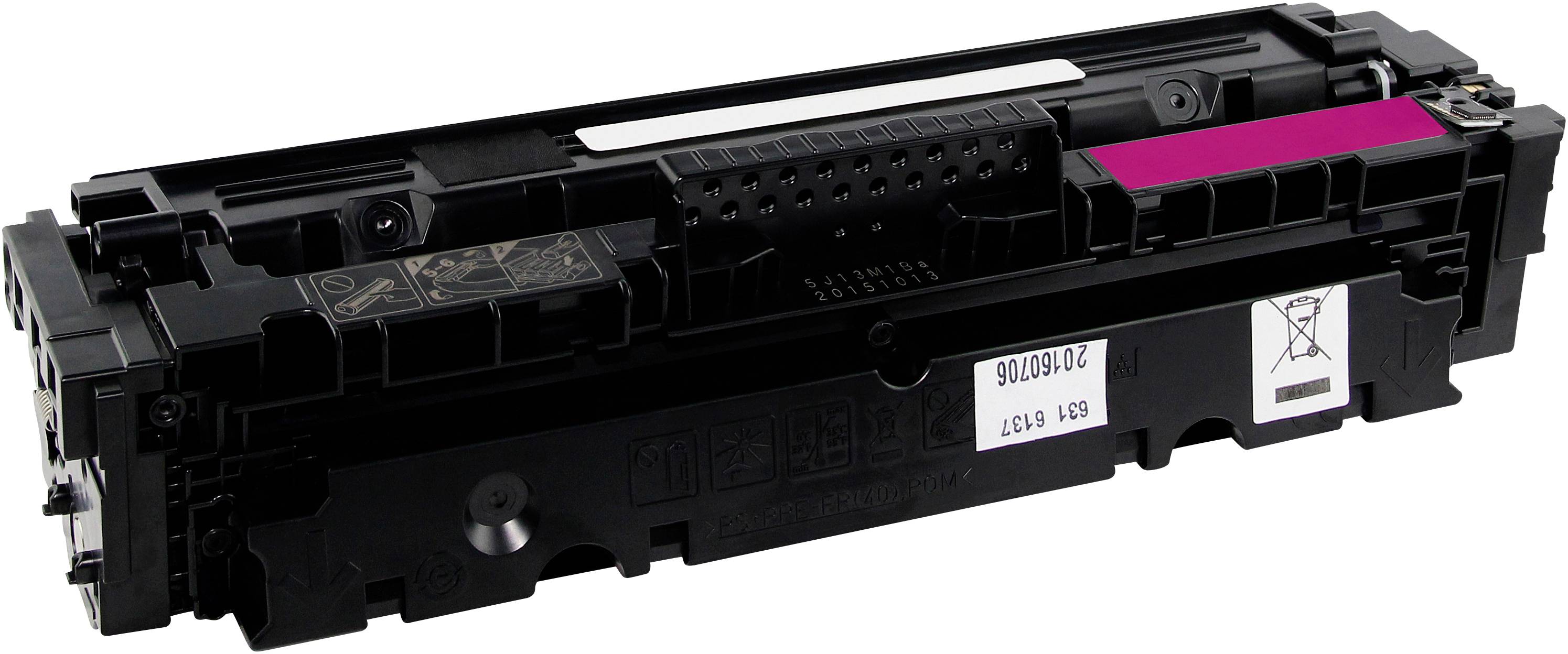 Cartouche d'encre magenta pour imprimante laser, rectangulaire, avec des sections noires et magenta, sur fond blanc.