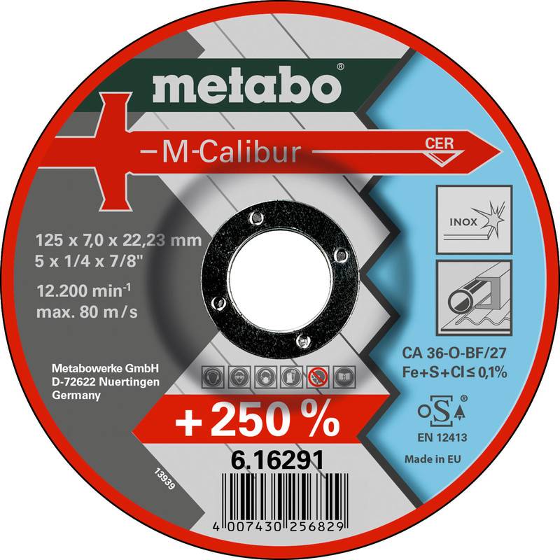 # Emballage de disque de coupe Metabo M-Calibur<br><br>**Dimensions:** 125 x 7.0 x 22.23 mm<br><br>**Vitesse maximale:** 12 200 tr/min<br><br>**Surcharge:** +250%<br><br>**Code-barres:** [barcode]