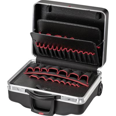 Une valise de transport ouverte, robuste, avec des compartiments rembourrés pour outils ou appareils électroniques.