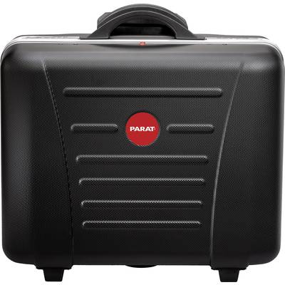 Une mallette à outils rectangulaire noire avec un logo rouge au centre portant l'inscription 'PARAT'.