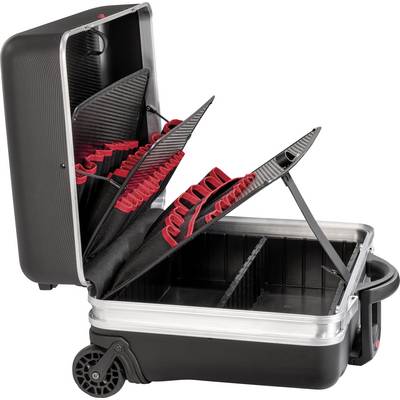 Boîte à outils avec compartiments amovibles et supports pour outils, ouverte. Principalement noire avec des touches de rouge.