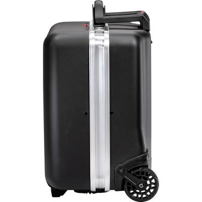 Valise rigide noire, vue latérale verticale. Elle est équipée de deux roues et d'une poignée noire.