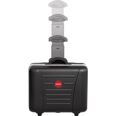 Une valise trolley noire avec une poignée télescopique à plusieurs positions. Nom de marque 'PARAT' dans un cercle rouge sur la face avant.