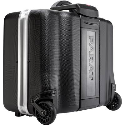 Valise rigide noire à roulettes avec une bande argentée et l'inscription 'PARAT' sur le côté.