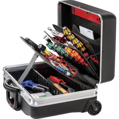 Boîte à outils ouverte contenant divers outils tels que des tournevis, des pinces et des clés. Organisée et facilement accessible.