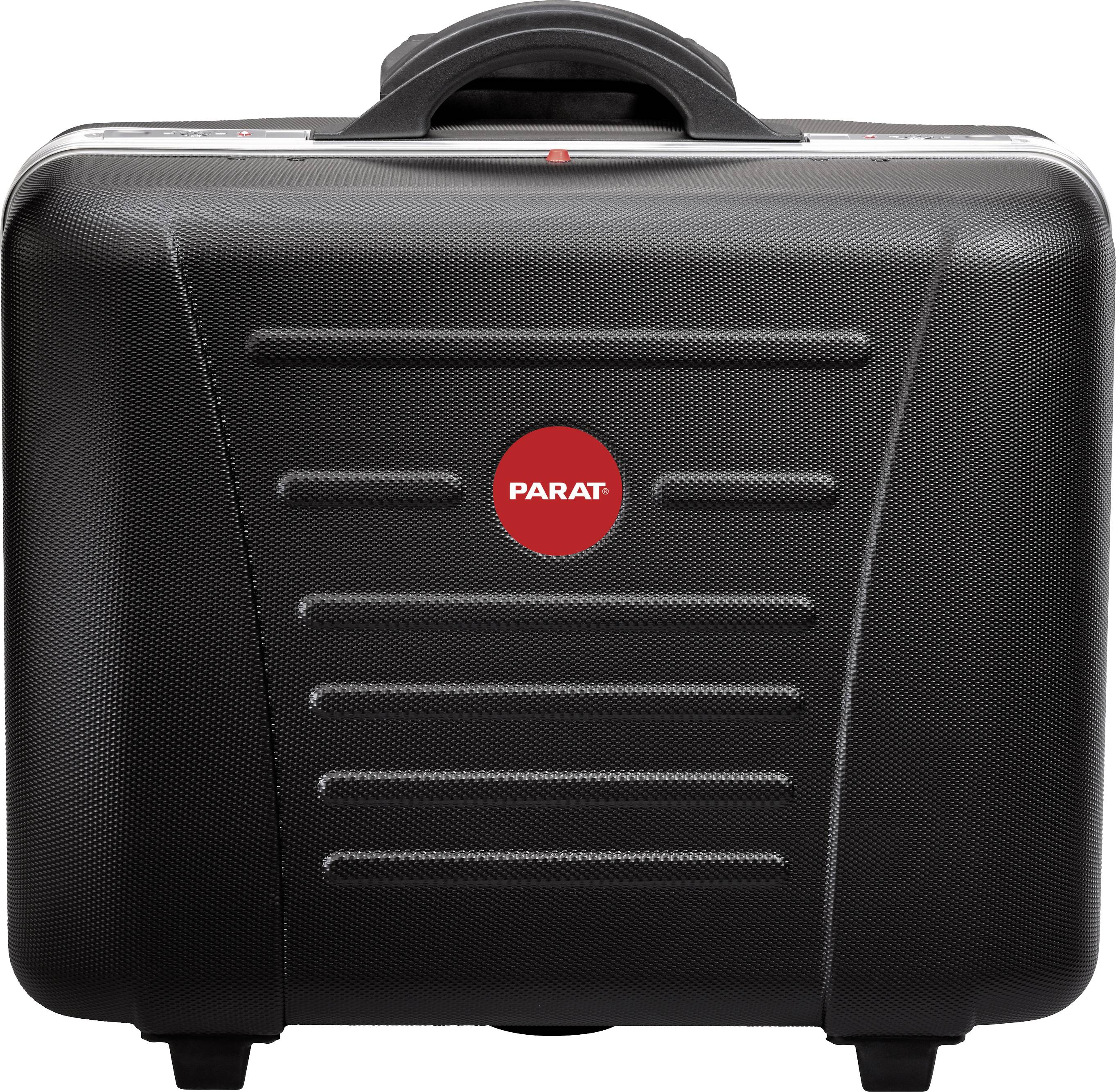 Une valise noire robuste avec un logo rond rouge et l'inscription 'PARAT' au centre. La valise est équipée d'une poignée de transport en haut.