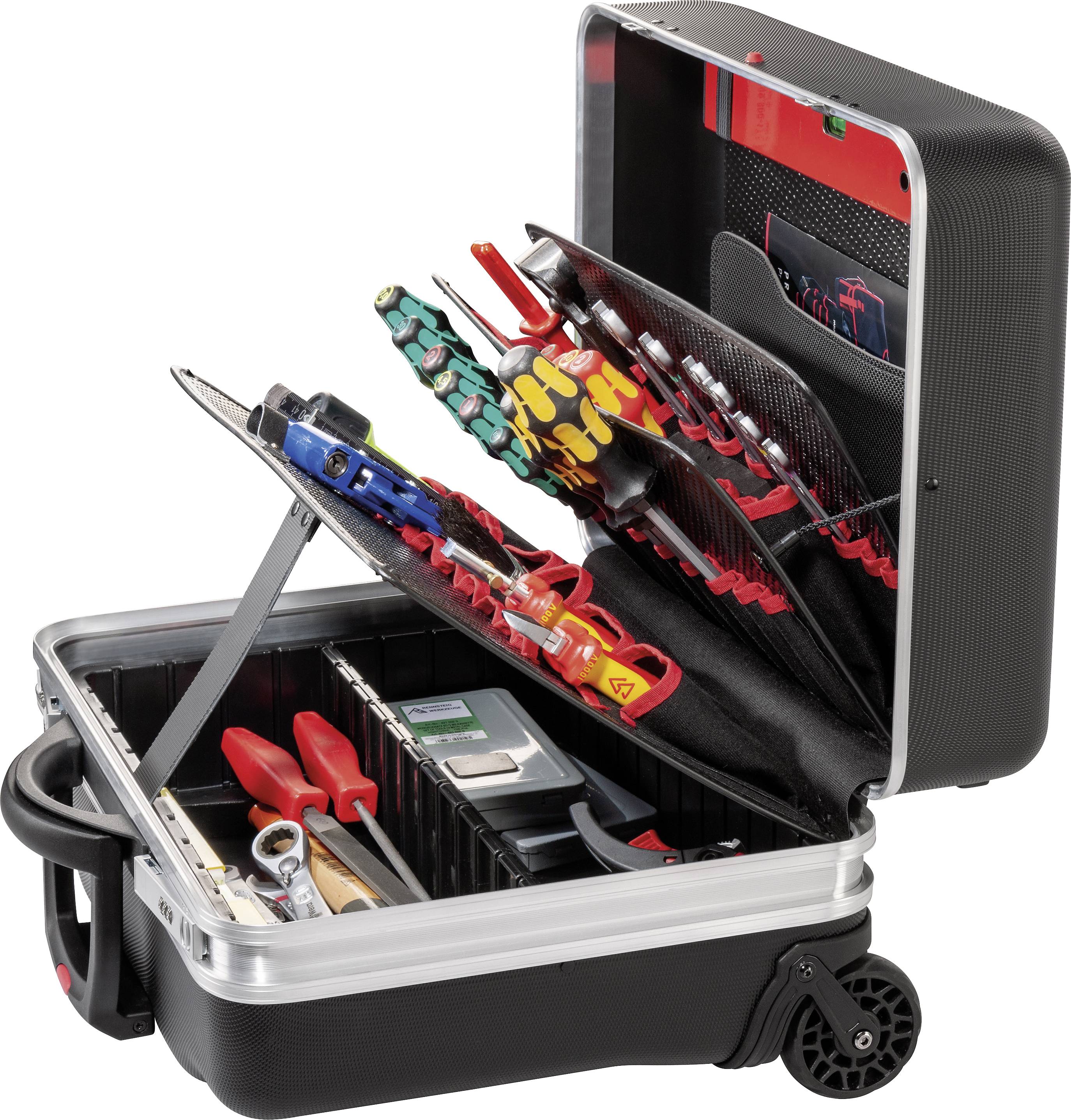 Une boîte à outils ouverte présente des outils rangés tels que des tournevis, des pinces et un mètre ruban.