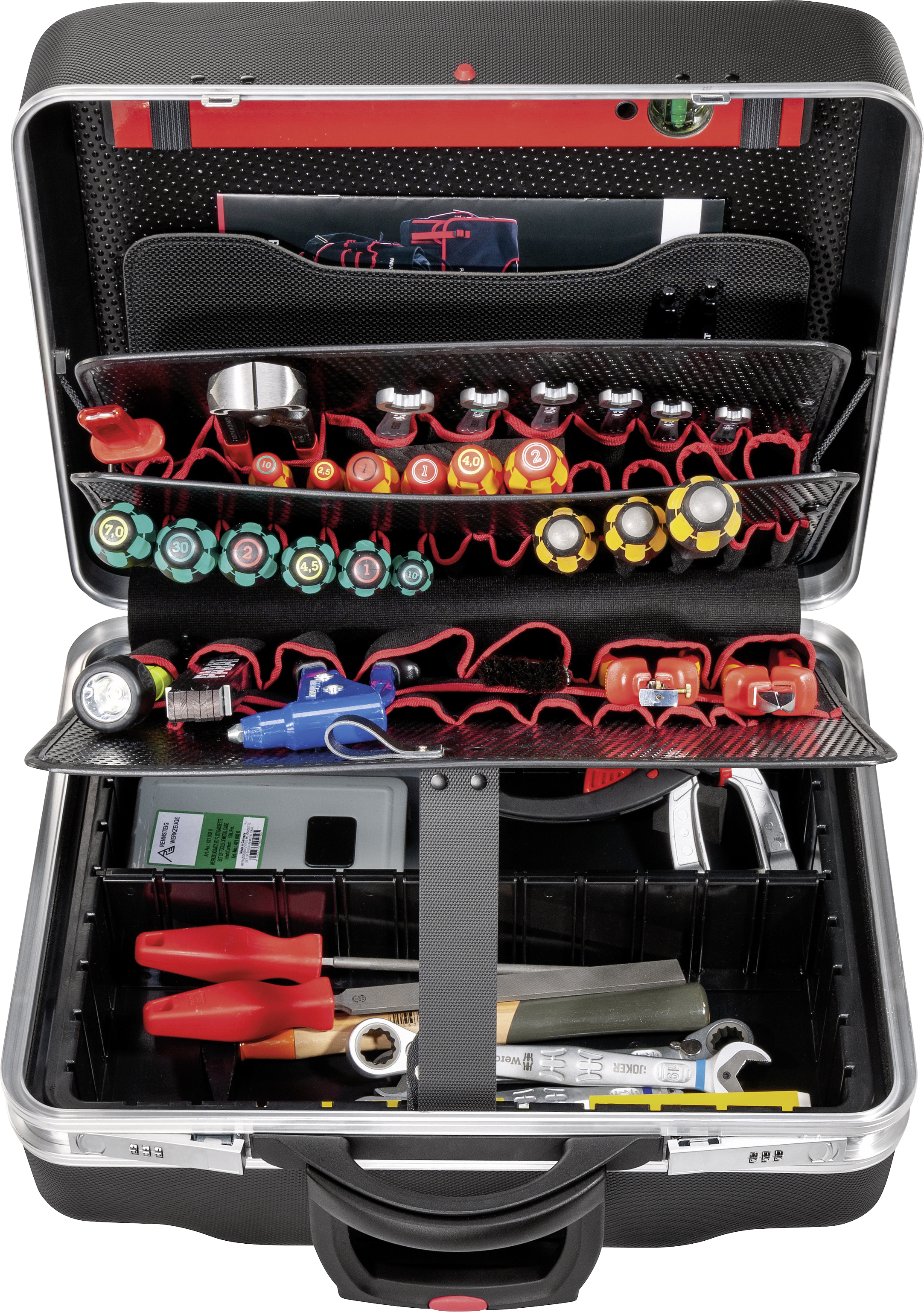 Une boîte à outils ouverte contenant divers outils et accessoires, dont des tournevis, des pinces et des rallonges électriques.