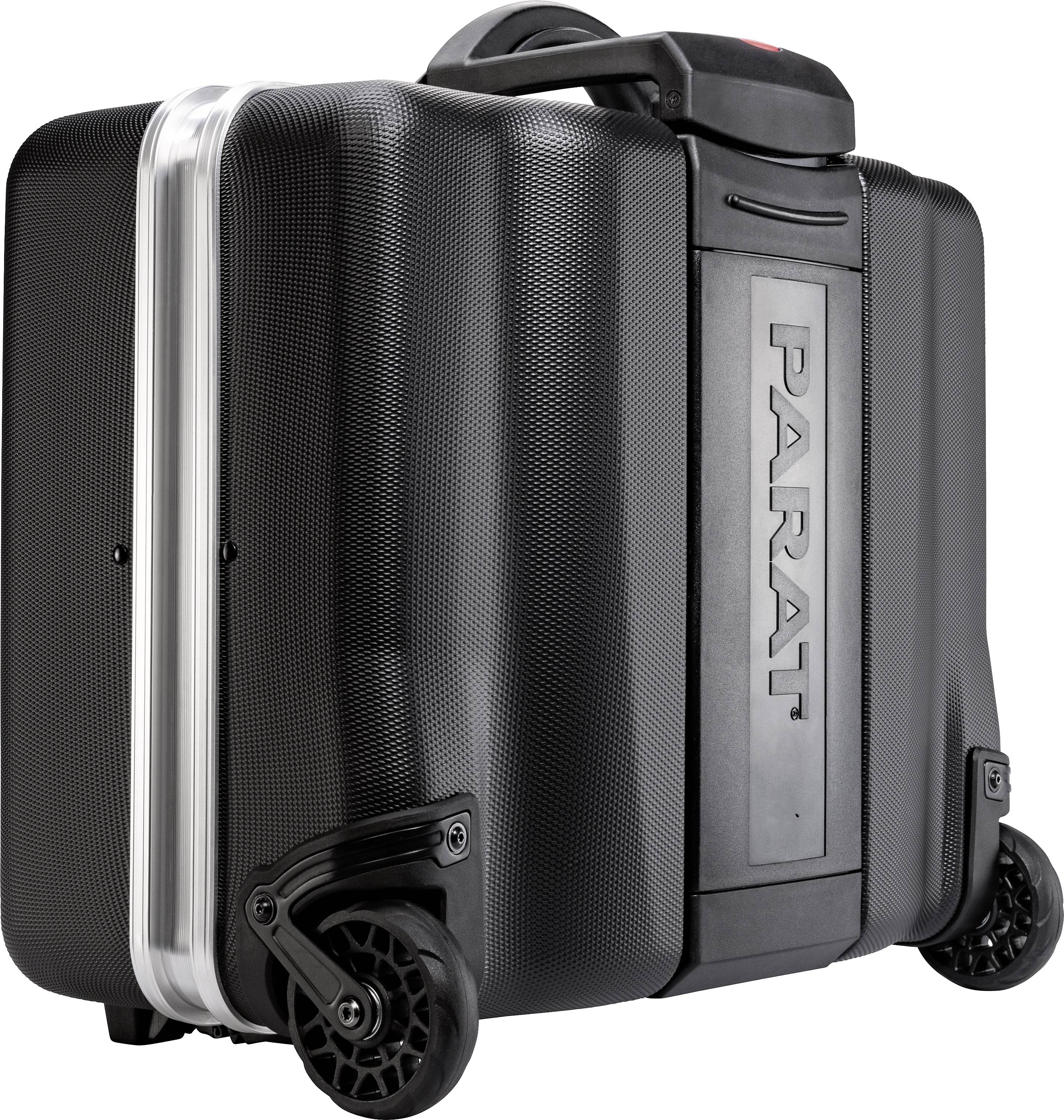 Valise trolley noir, robuste, avec deux roues, une grande poignée et l'inscription 'Parat' sur le côté.