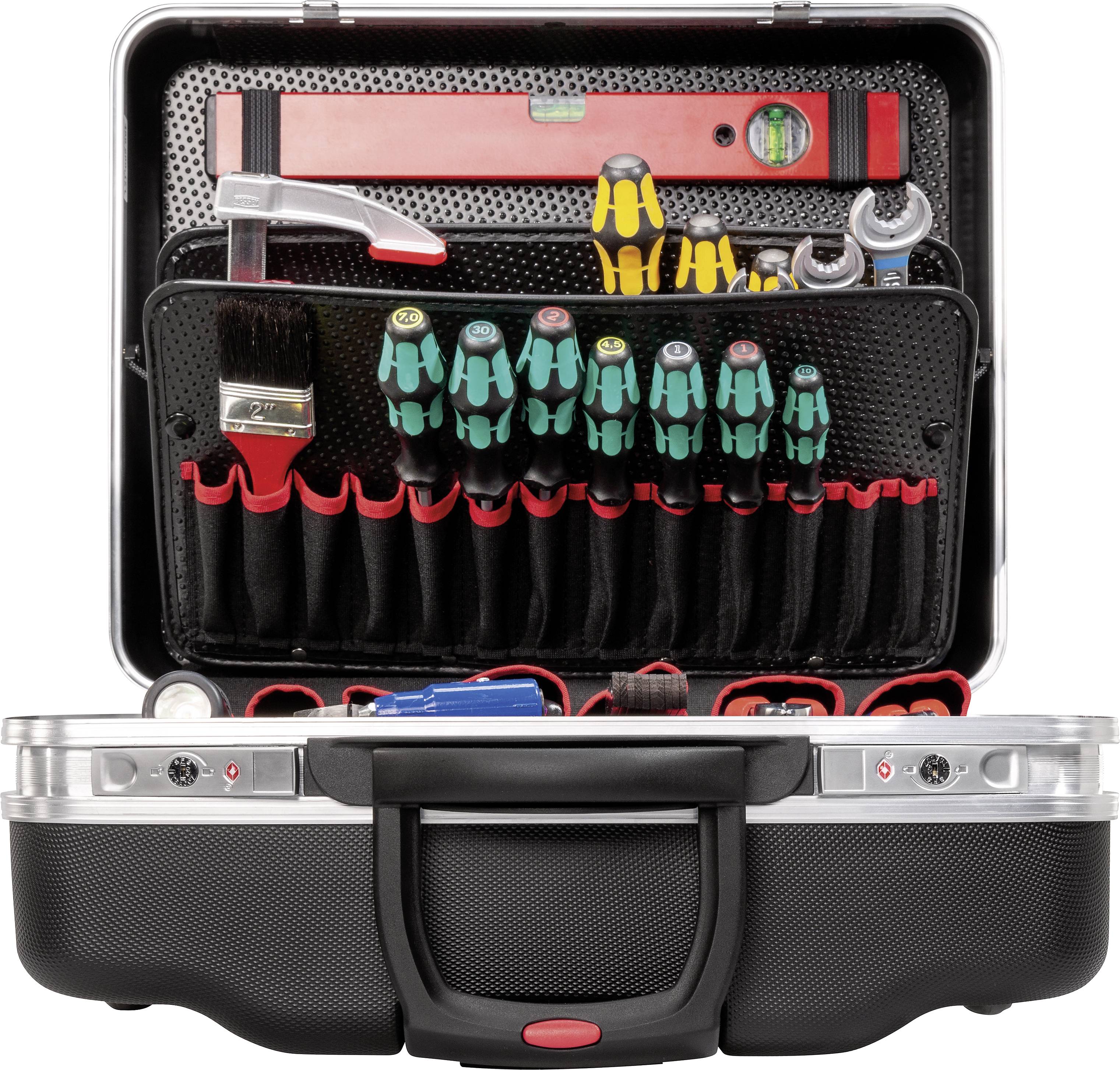 Une mallette à outils ouverte contenant de nombreux outils tels que des tournevis, des pinces, un marteau et un niveau à bulle. Organisée de manière optimale pour un accès rapide.