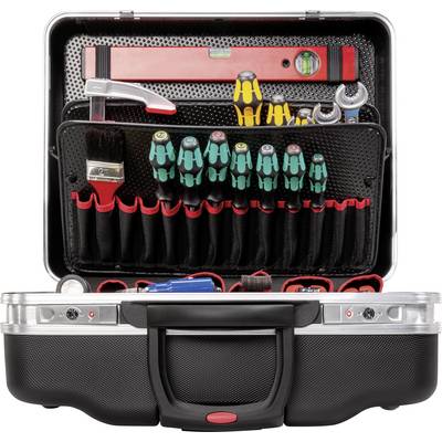 Une mallette à outils ouverte contenant de nombreux outils tels que des tournevis, des pinces, un marteau et un niveau à bulle. Organisée de manière optimale pour un accès rapide.