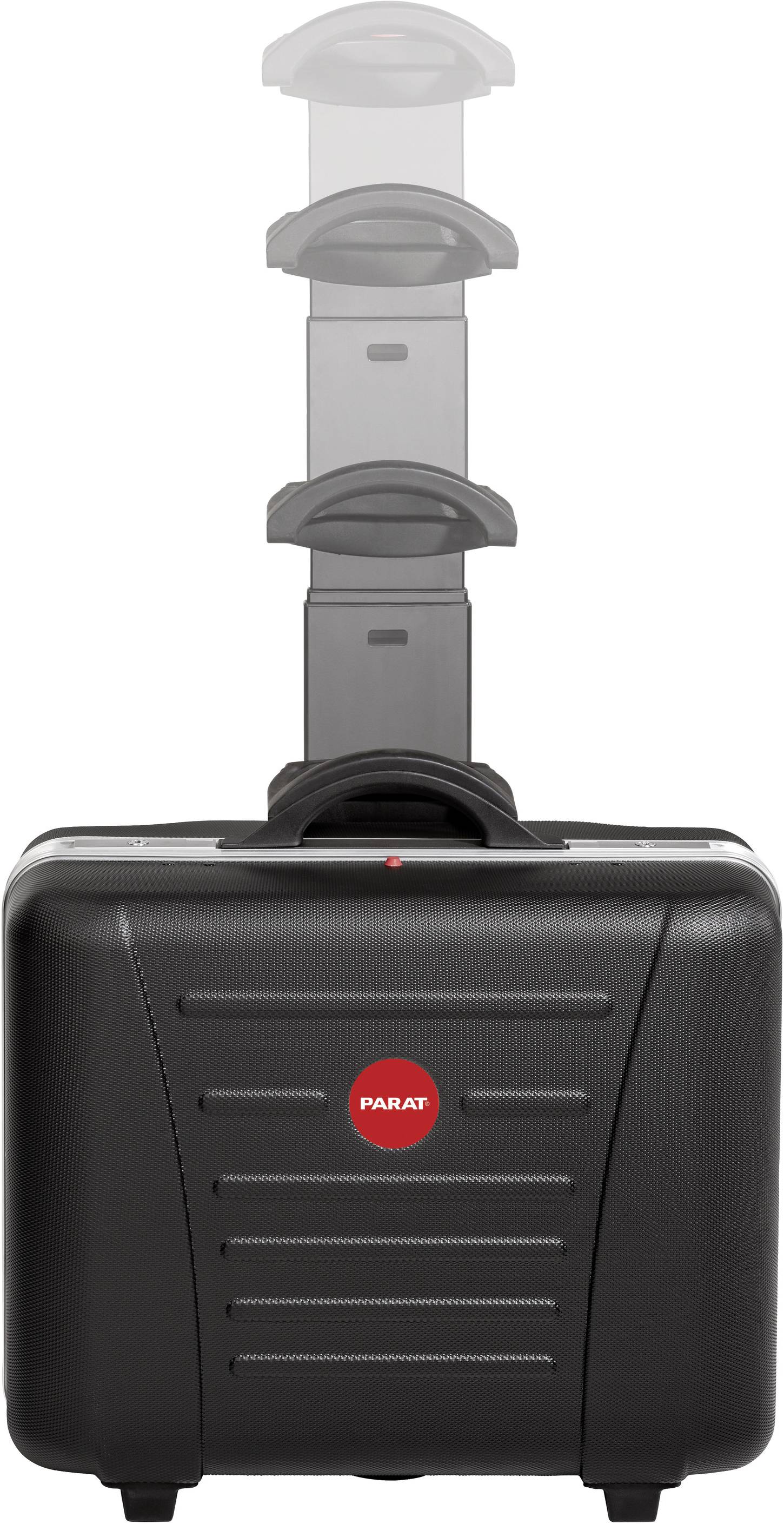 Une valise à roulettes noire avec une poignée télescopique rétractable, avec une marque rouge au centre.