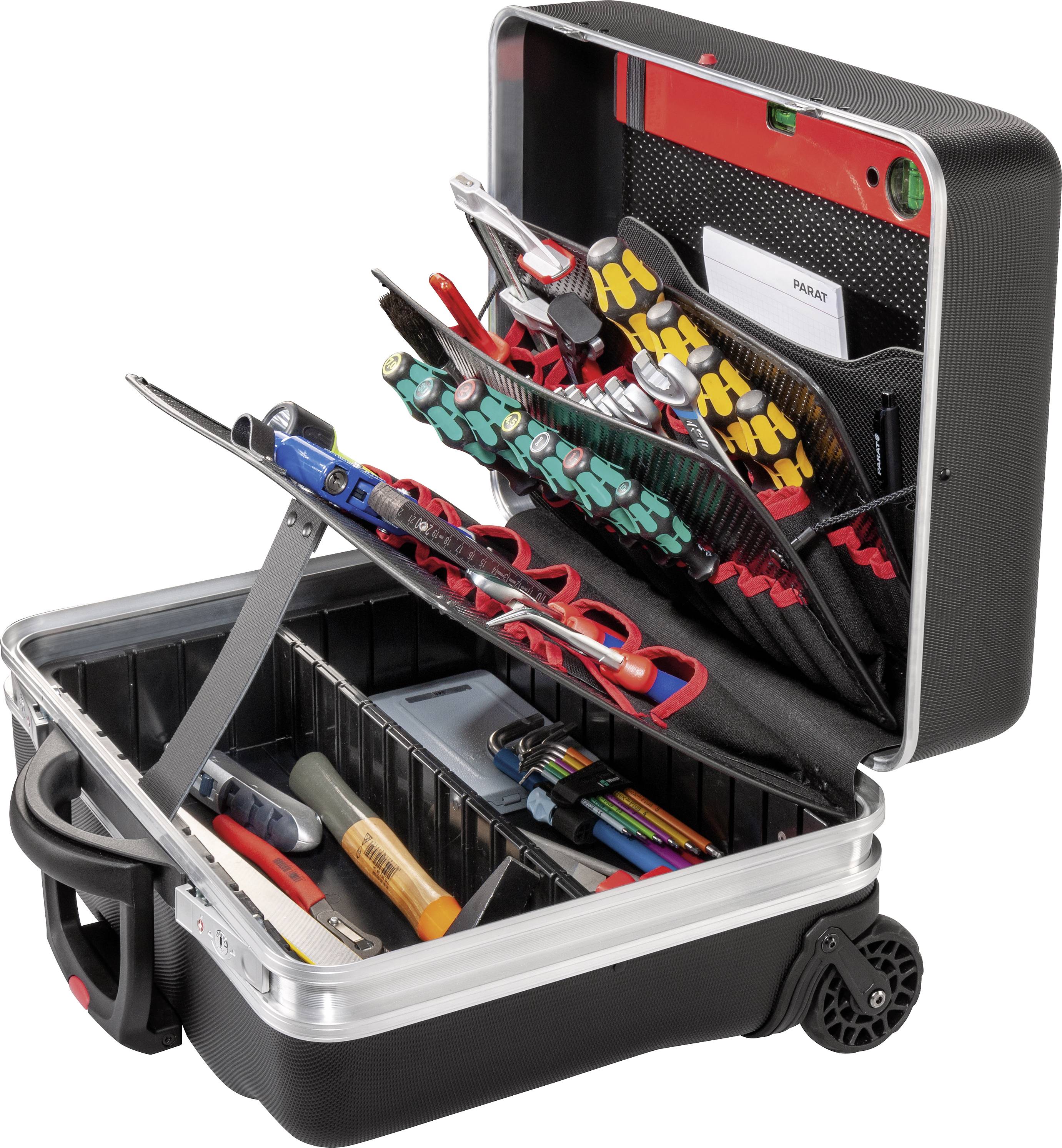 Une boîte à outils ouverte avec divers outils et accessoires, comprenant des tournevis, des pinces et un couteau de poche, organisés dans des compartiments.