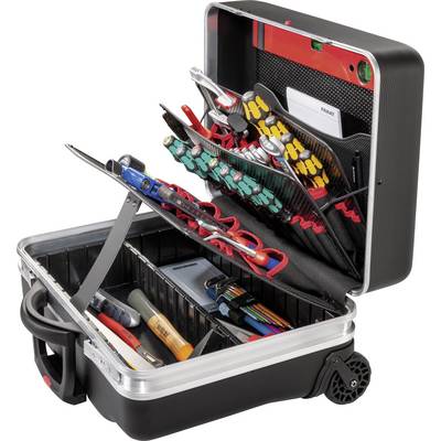 Une boîte à outils ouverte avec divers outils et accessoires, comprenant des tournevis, des pinces et un couteau de poche, organisés dans des compartiments.