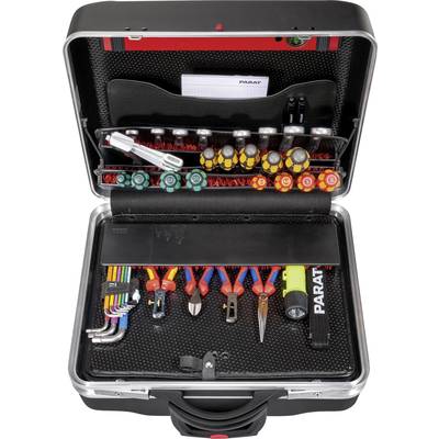 Une boîte à outils ouverte avec des outils manuels triés tels que des tournevis, des pinces et des clés Allen, organisés dans des compartiments.