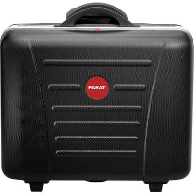Étui noir en plastique avec logo rouge 'Parat', design nervuré et poignée de transport.