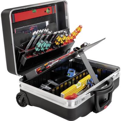 Boîte à outils ouverte contenant des tournevis colorés, un niveau à bulle et d'autres outils soigneusement disposés.