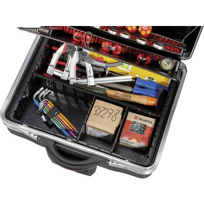 Coffret à outils ouvert contenant divers outils manuels tels que des pinces, des tournevis, un appareil de mesure et des emballages, triés dans des compartiments.