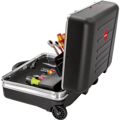 Une boîte à outils noire ouverte sur roulettes expose divers outils, dont des clés à molette et des pinces.