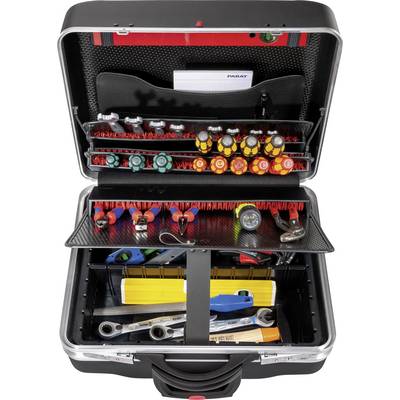 Une boîte à outils ouverte contenant divers tournevis, pinces et autres outils manuels, soigneusement rangés dans des compartiments.