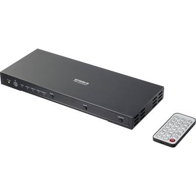 Un commutateur HDMI noir à plusieurs entrées avec télécommande. Permet de basculer entre différentes sources vidéo.