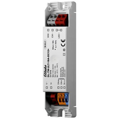 Boîtier de commande électronique d'Elabo, modèle DL-TWZ-LTA6-DC12, avec bornes de connexion en rouge, bleu et orange, marquage CE.