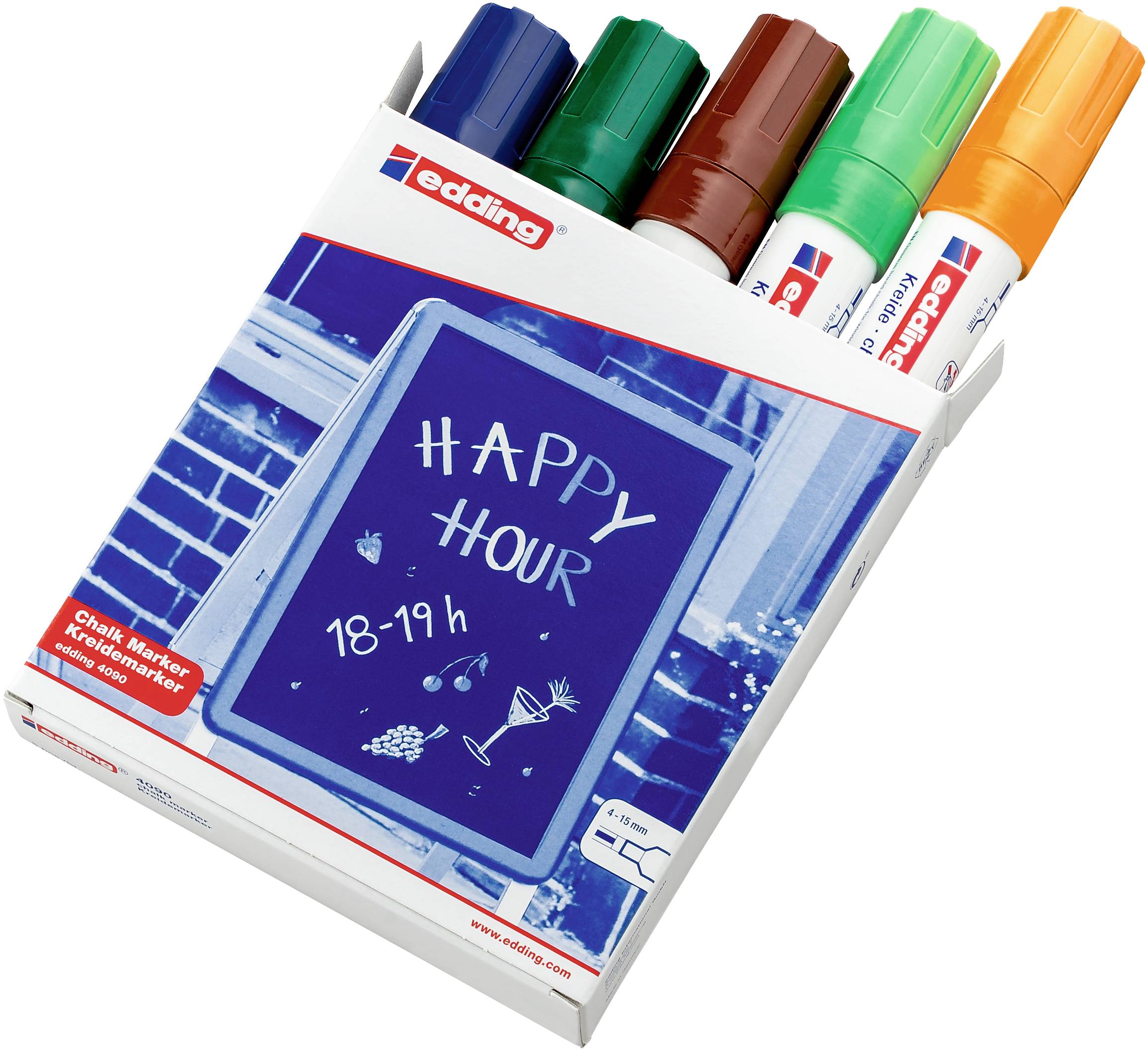 Edding 4090 4-4090099 Marqueur craie bleu, vert, marron, vert clair, orange fluorescent 4 mm, 15 mm