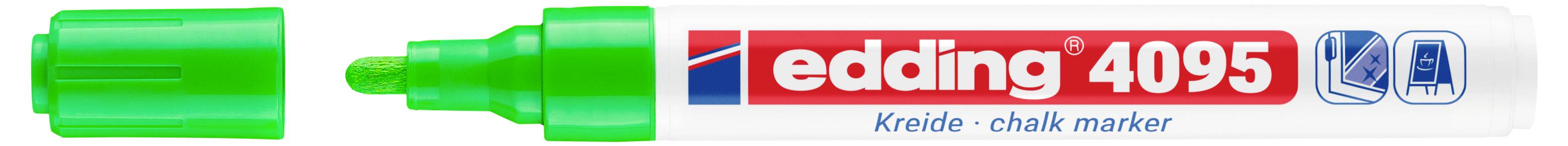 Marqueur de craie Edding 4095 vert avec capuchon, présenté dans son emballage blanc.