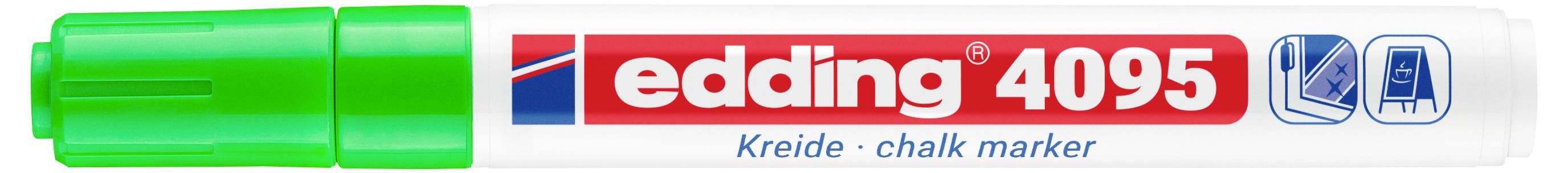 Marqueur Edding 4095 à craie avec capuchon et pointe verts, présenté dans un emballage étiqueté « edding 4095 » et « Kreide • chalk marker ».
