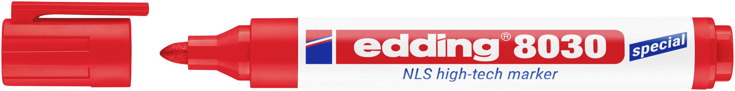 Stylo marqueur spécial Red Edding 8030 avec étiquette bleue et rouge, présenté de profil sur fond blanc.