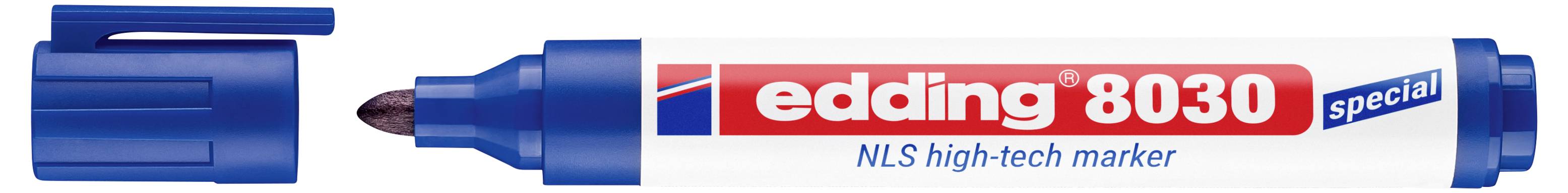 Marqueur de peinture spécial Edding 8030 bleu avec une pointe large en biseau et une étiquette rouge et blanche.