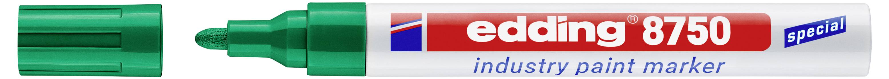 Marqueur de peinture spécialisé Edding 8750 pour l'industrie avec capuchon retiré, montrant la pointe en biseau et le fût étiqueté.