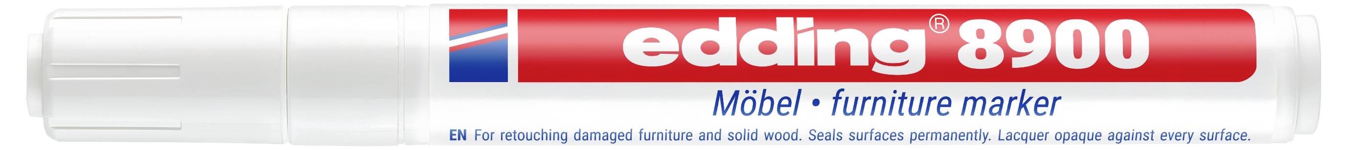 Marqueur Edding 8900 pour meubles en emballage blanc et rouge, étiqueté pour retoucher les meubles endommagés et les surfaces en bois.
