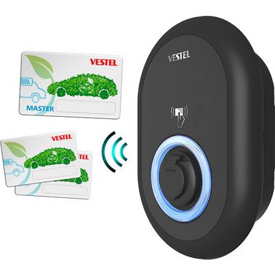 Une station de charge noire avec un cercle LED bleu, à côté de deux cartes RFID vertes 'Master' et 'VESTEL' pour véhicules électriques.