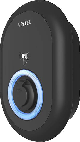 Une station de charge murale noire, ovale, pour véhicules électriques de Vestel, avec un anneau lumineux LED bleu et un symbole de carte RFID.