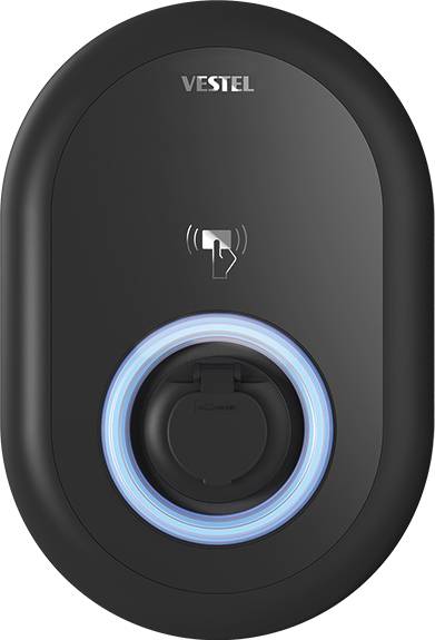 Une station de charge ovale noire avec un anneau lumineux bleu et un symbole NFC au centre, de la marque Vestel.
