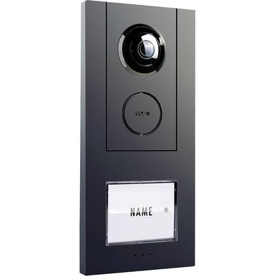 Interphone noir avec caméra et bouton de sonnette. Un écran affiche le 'Nom'. Idéal pour la surveillance de l'entrée et la communication.