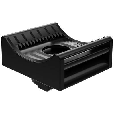 Un support en plastique noir à surface striée avec un trou central, utilisé pour fixer et maintenir des câbles ou des tuyaux.