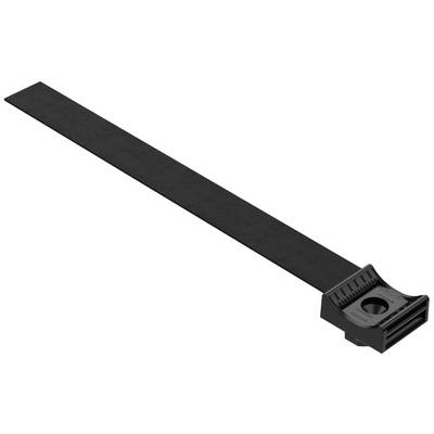 Un collier de serrage noir avec une tête de verrouillage rectangulaire, pour une fixation sécurisée de câbles ou d'objets.