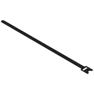 Un collier de serrage noir avec ouverture d'insertion pour fixation. Souvent utilisé pour regrouper des câbles ou d'autres objets.