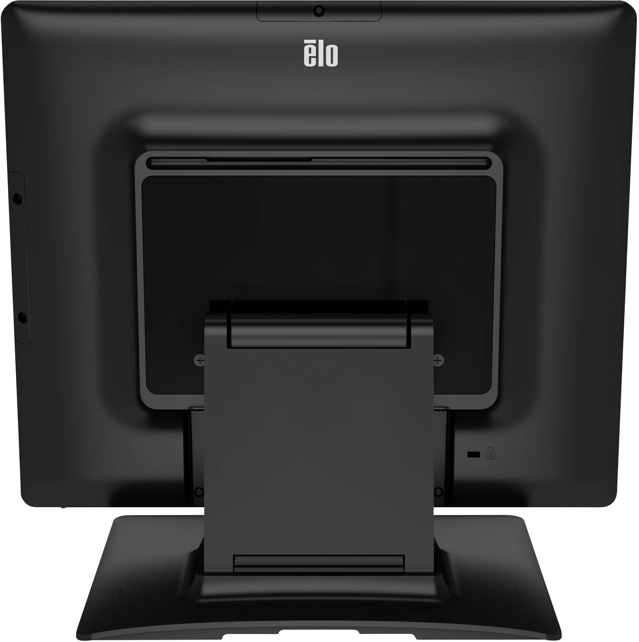 Un écran tactile noir vu de dos, monté sur un support.