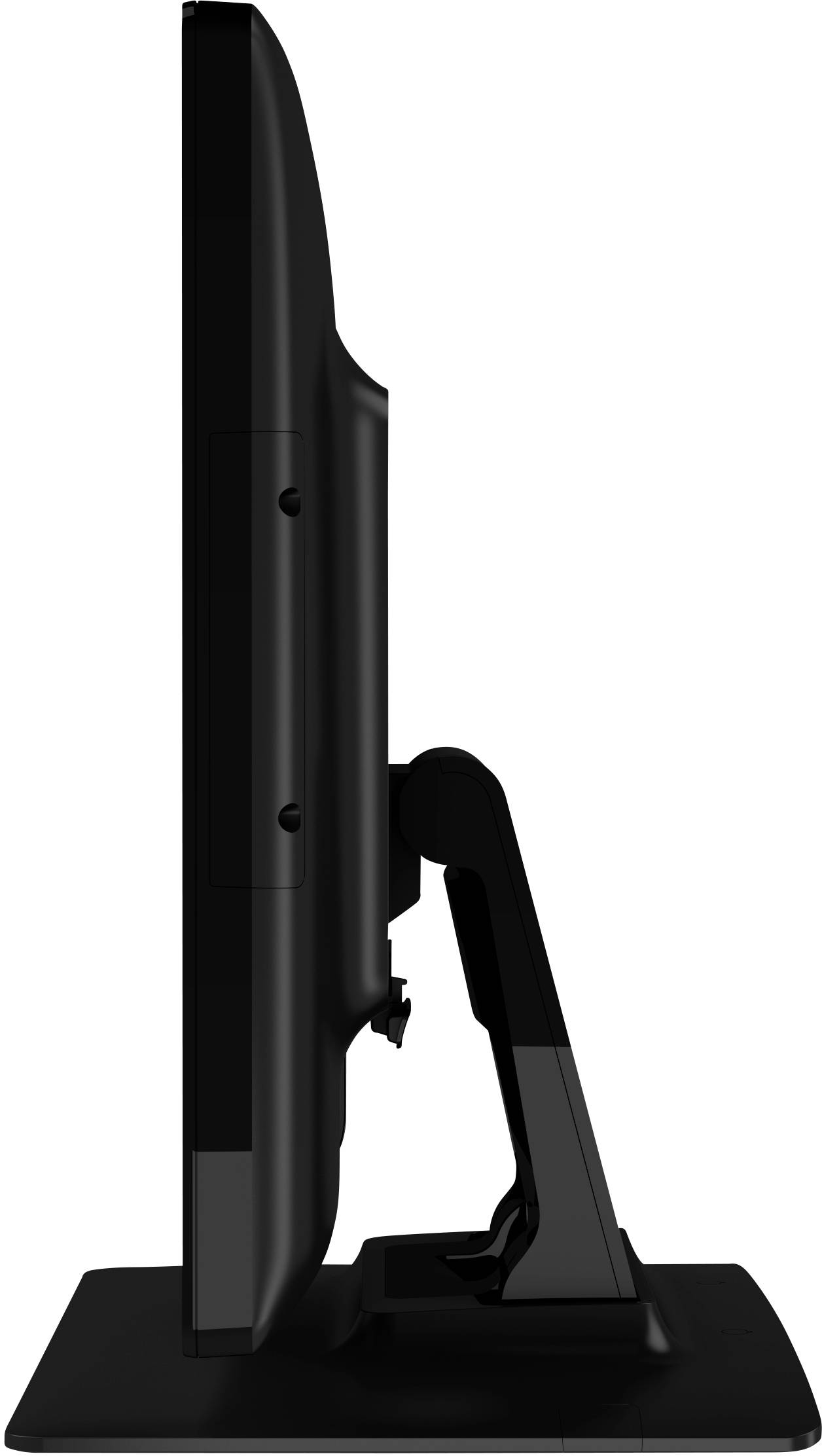 Vue latérale d'un écran d'ordinateur noir avec un socle rectangulaire.